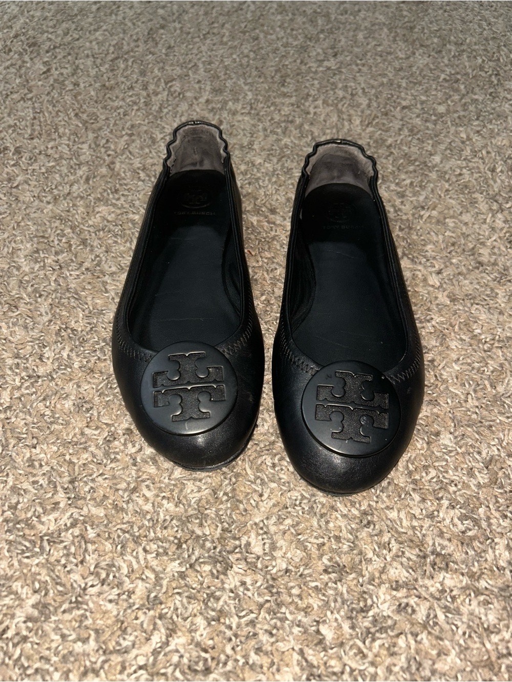 Authentic Tory Burch Black Logo Leather Ballet Flats size 8